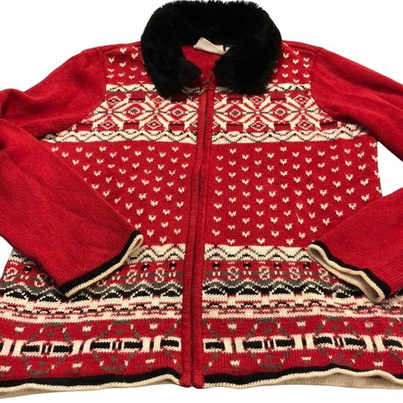 Vintage Liz Claiborne Cardigan Sweater Fur Collar Size Medium Y2K Holiday - Picture 2 of 6